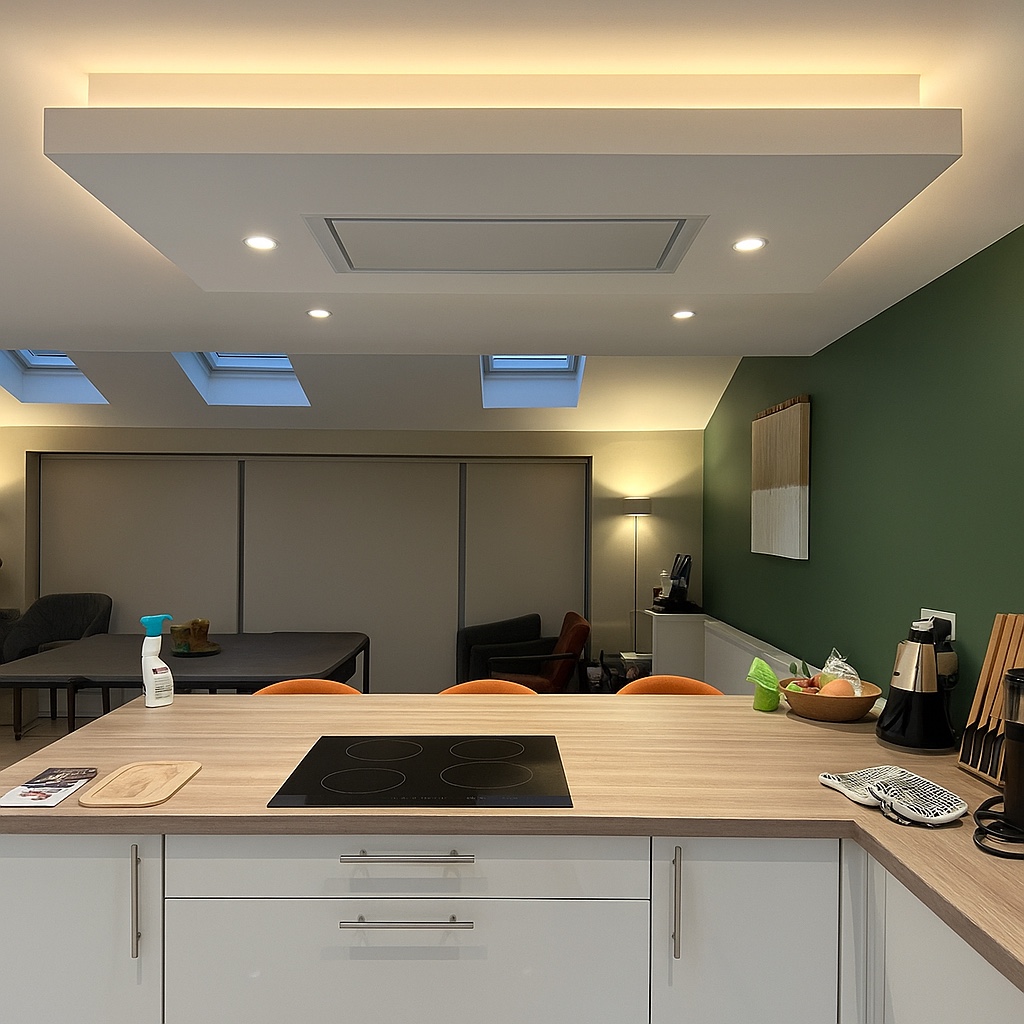 Modern open-plan kitchen with island and feature lighting