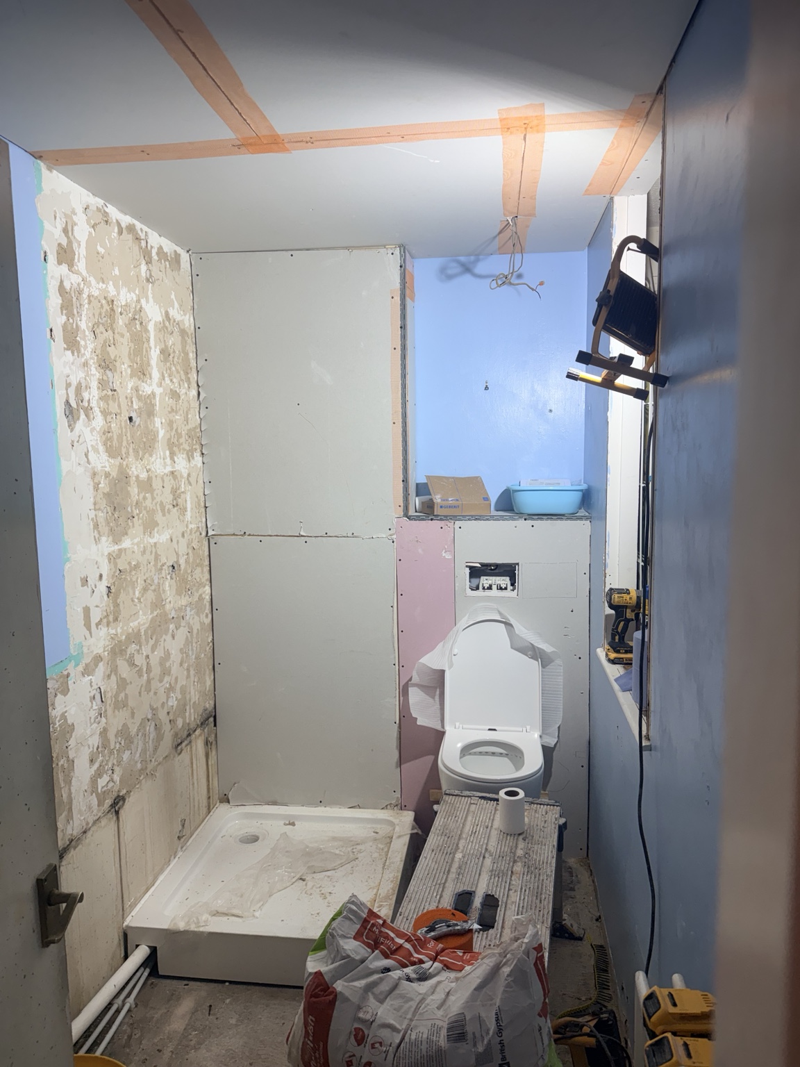 Blue shower room during renovation